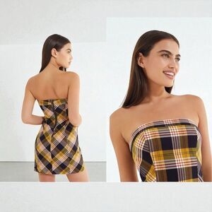 Urban Outfitters Womens MEDIUM Sacramento Plaid Strapless Mini Dress Blue Yellow